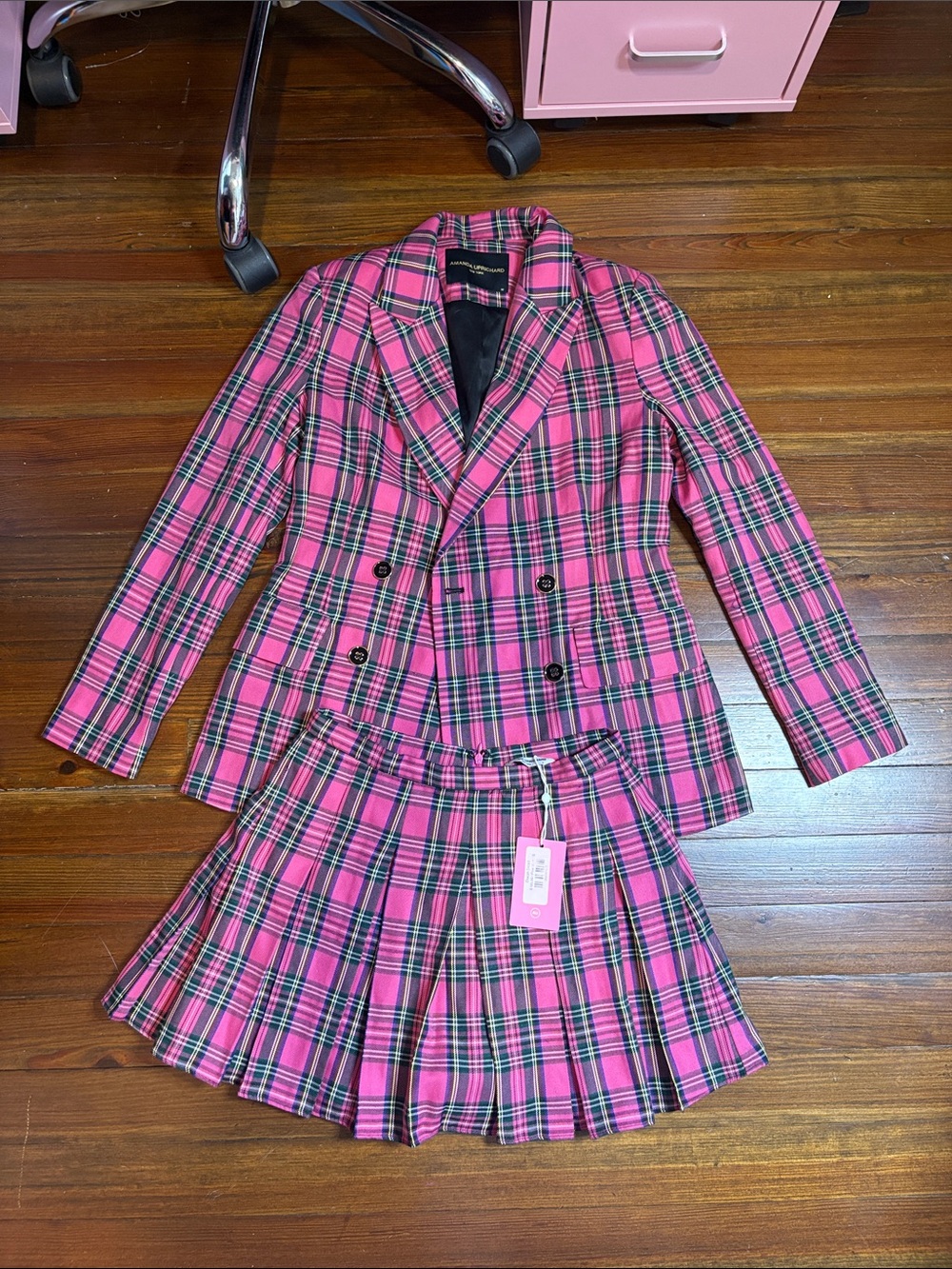 Amanda Uprichard Pink Plaid Double-Breasted Blazer and Pleated Skirt Set